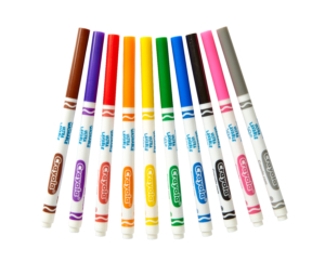 Crayola Fine Line Markers Colors Include: Orange, Yellow, Brown, Violet, Red, Blue, Black, Pink, Gray, Green