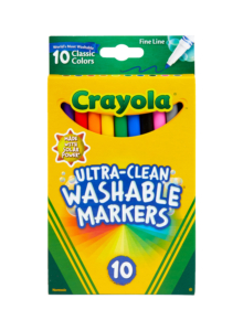 10 Count Washable Fine Line Crayola Classic Color Markers are now ultra washable! Washable from skin, clothing, and from painted walls!