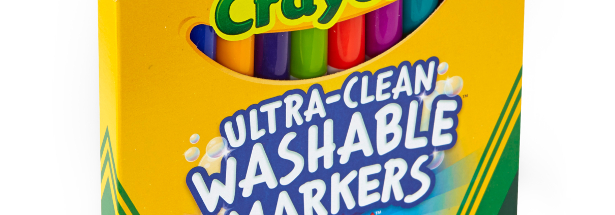 10 Count Washable Broad Line Crayola Classic Color Markers are now ultra washable! Washable from skin, clothing, and from painted walls!