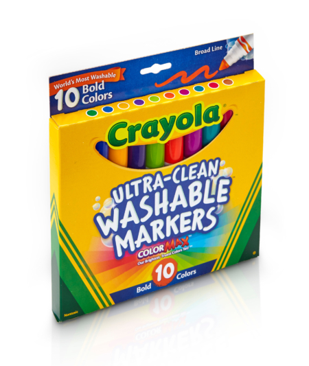 10 Count Washable Broad Line Crayola Classic Color Markers are now ultra washable! Washable from skin, clothing, and from painted walls!