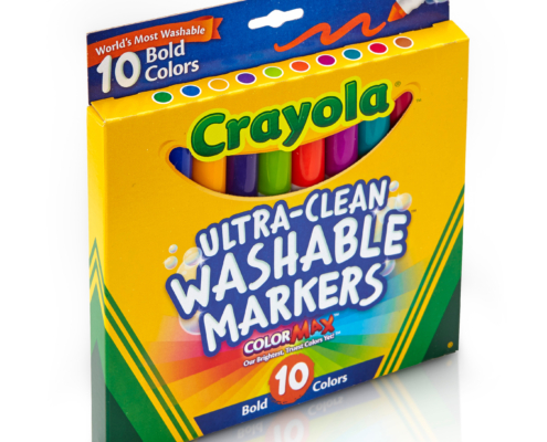 10 Count Washable Broad Line Crayola Classic Color Markers are now ultra washable! Washable from skin, clothing, and from painted walls!