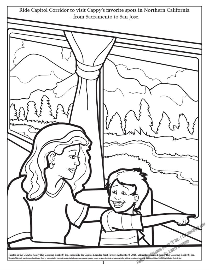 Adventures with Cappy on the Capitol Corridor Train! Coloring Page: Ride the Capitol Corridor to visit Cappy's favorite spots in Northern California-from Sacramento to San Jose.