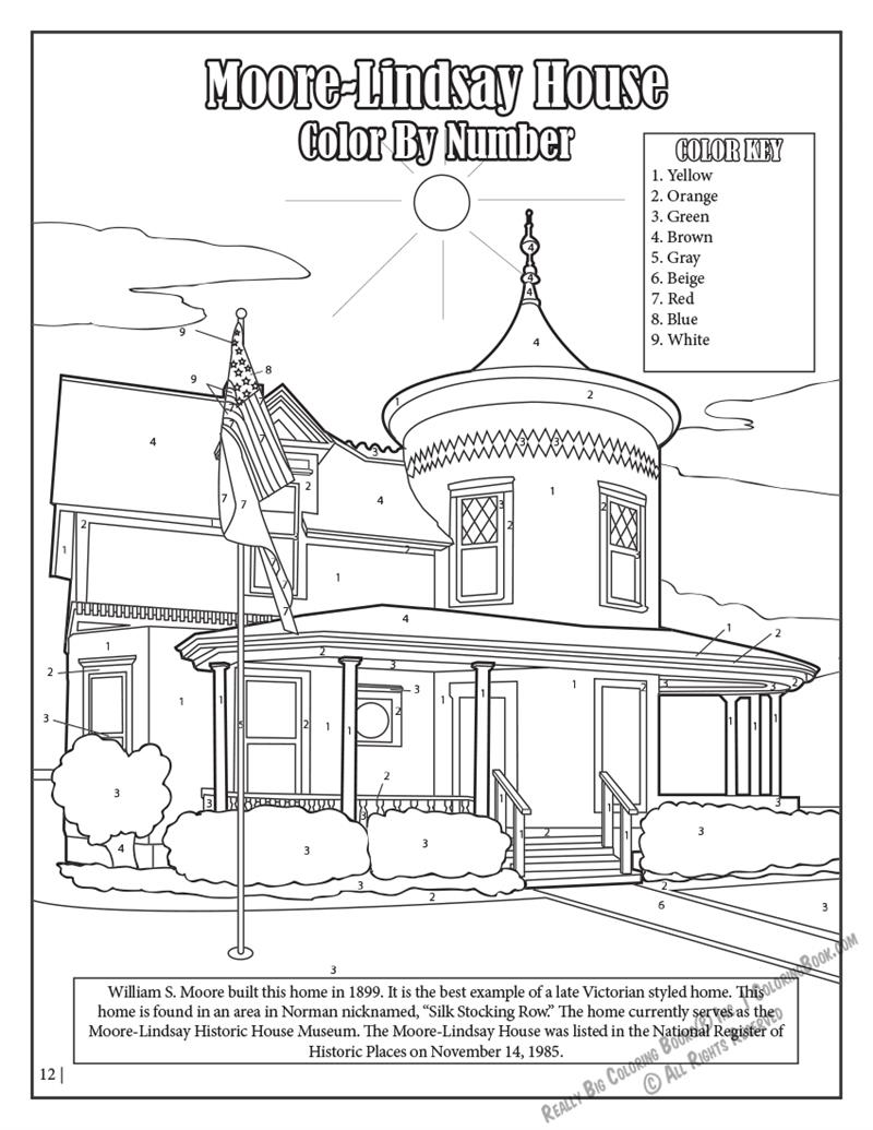Historic Norman Oklahoma Coloring Page: Moore Lindsay House Color by Number