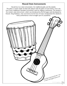 Hawaii State Coloring Book. Hawaii State Instrument: Traditional Pahu and Ukulele
