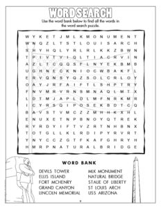 United States Monuments Word Search Activity Page