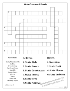 Utah State Coloring Book Activity Page: Utah State Word Puzzle