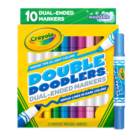 Give yourself double the variety in a single marker with Crayola Double Doodlers. These Double Ended Markers have a broad line tip with a dark color on one end and a chisel tip with a light color on the other end.