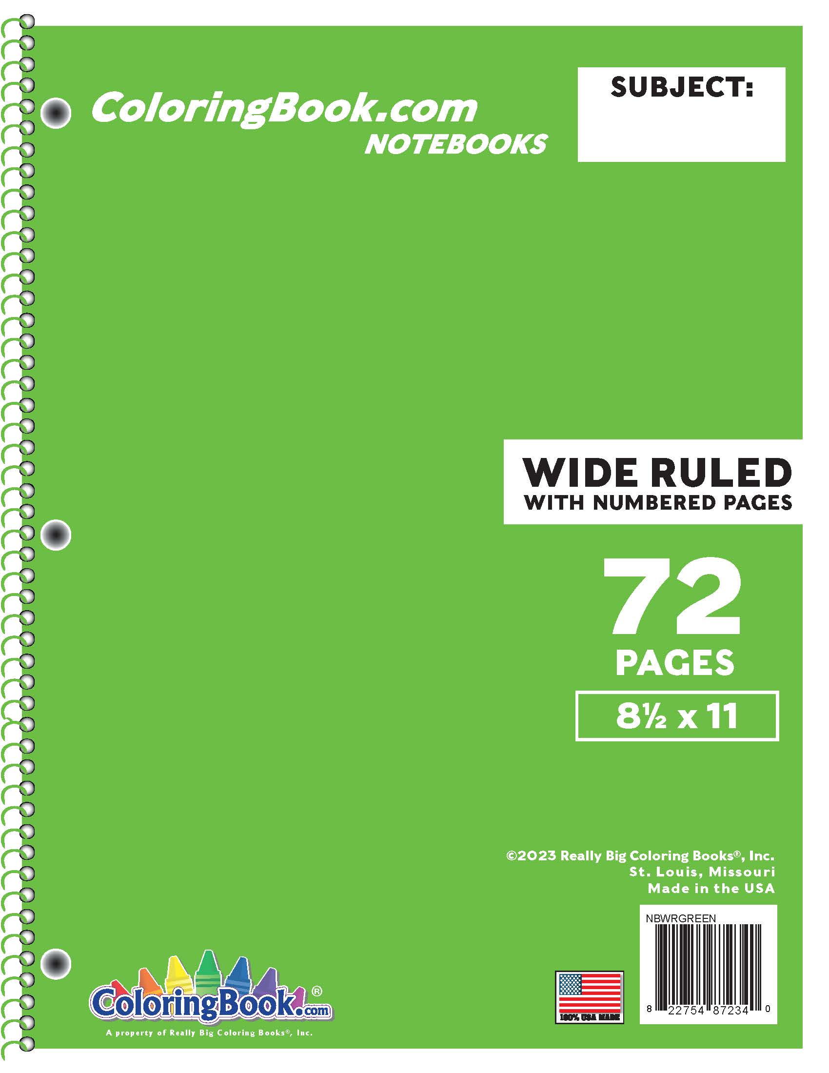 Wide Ruled Green Notebook with 72 Pages