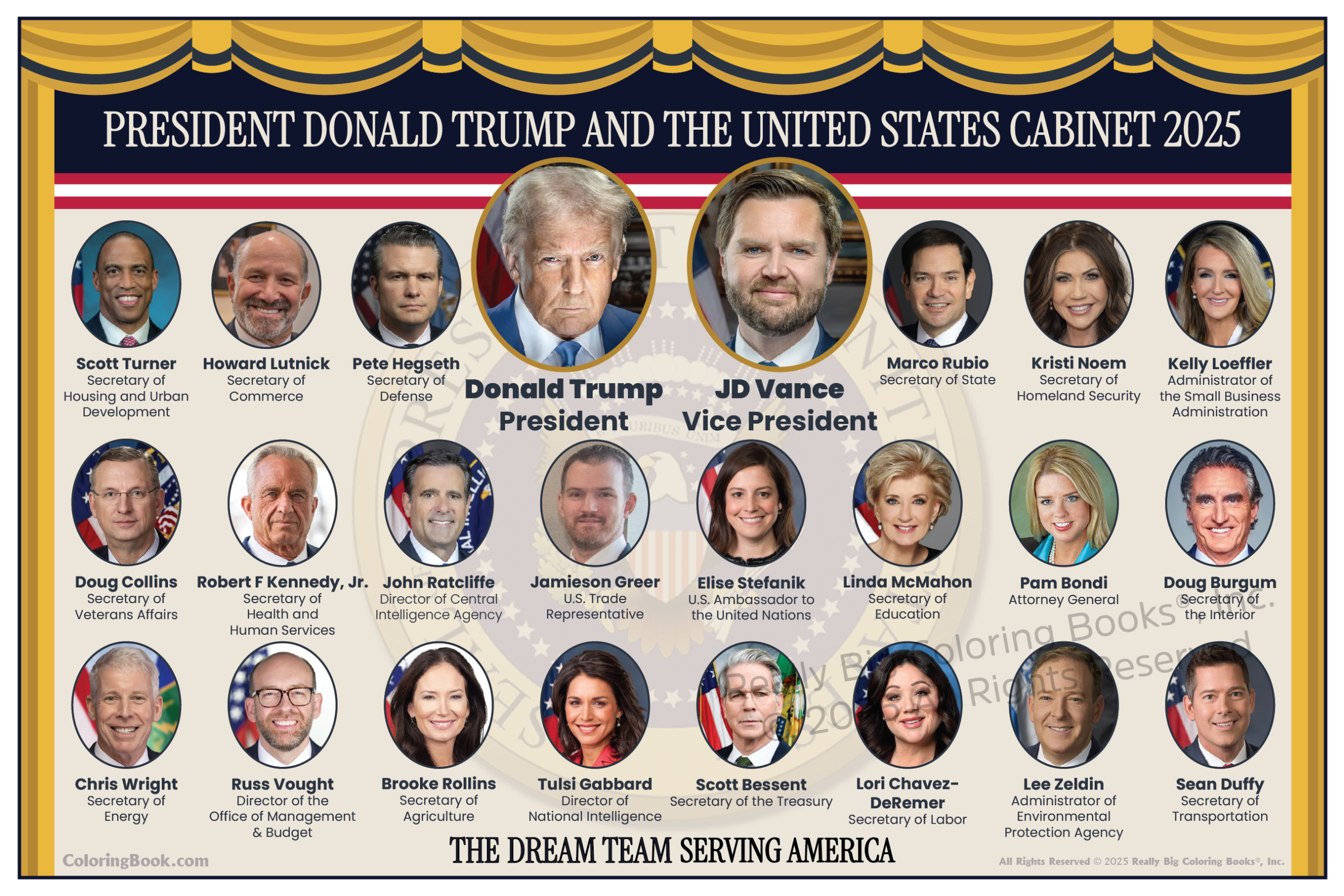 President Donald J Trump Vice President JD Vance and The United States Cabinet, A 12" x 18" card stock gloss laminate poster of The American Dream Team 2025. Making America Great Again moving onto the Golden Age with President Trump and the American People.
