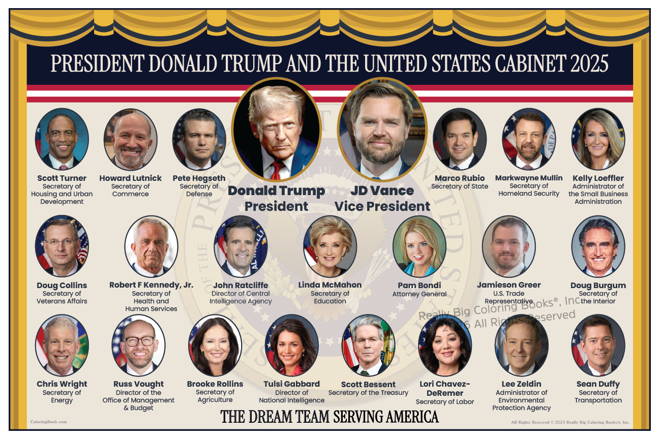 President Donald J Trump Vice President JD Vance and The United States Cabinet, A 12″ x 18″ card stock gloss laminate poster of The American Dream Team 2026