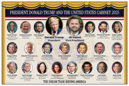 President Donald J Trump Vice President JD Vance and The United States Cabinet, A 12" x 18" card stock gloss laminate poster of The American Dream Team 2025. Making America Great Again moving onto the Golden Age with President Trump and the American People.