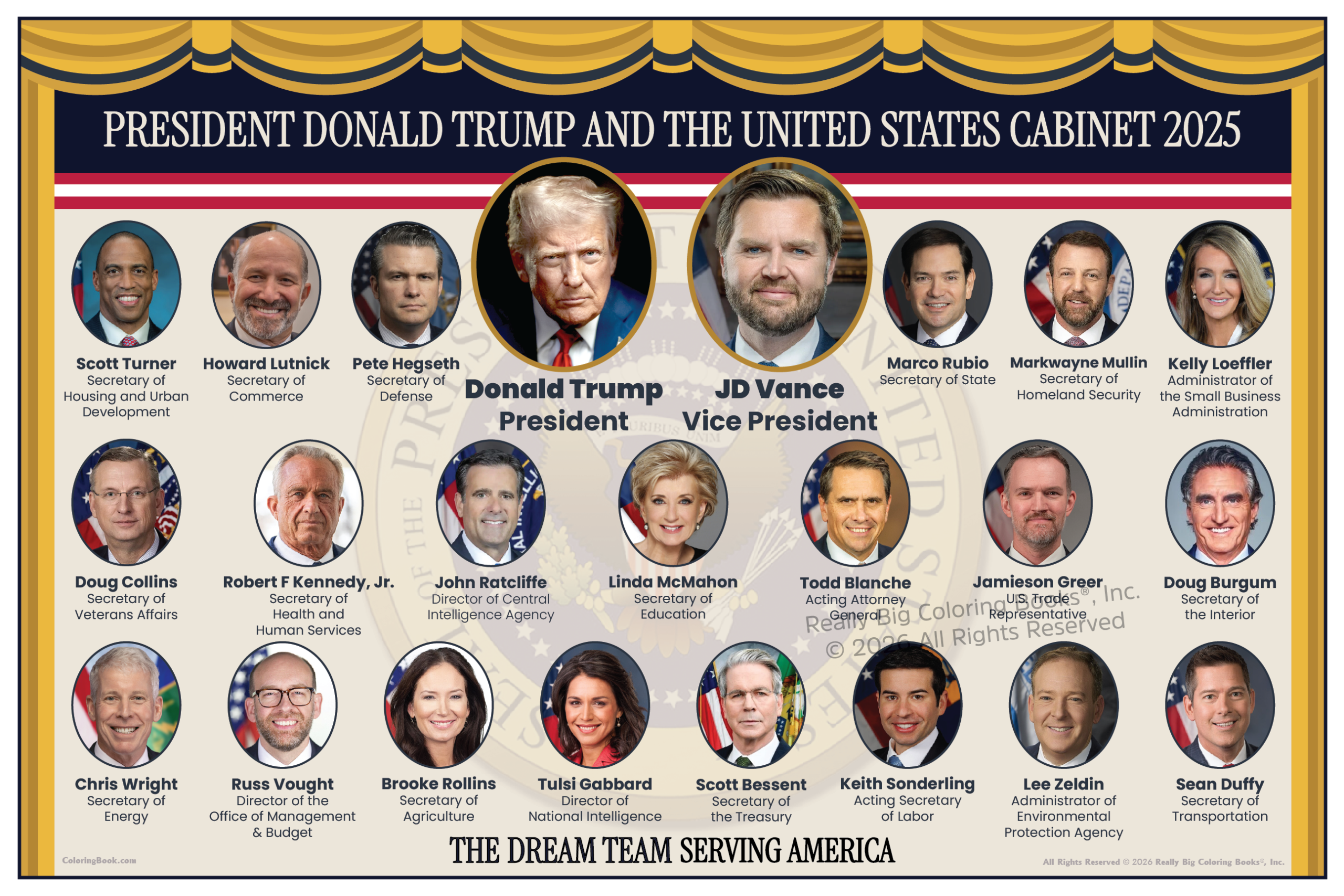 President Donald J Trump Vice President JD Vance and The United States Cabinet, A 12" x 18" card stock gloss laminate poster of The American Dream Team 2025. Making America Great Again moving onto the Golden Age with President Trump and the American People.